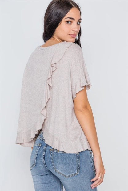 Beige Short Sleeve Surplice Back Ruffle Knit Top /3-3