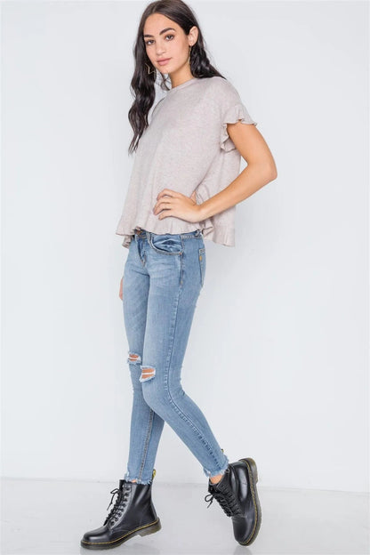 Beige Short Sleeve Surplice Back Ruffle Knit Top /3-3