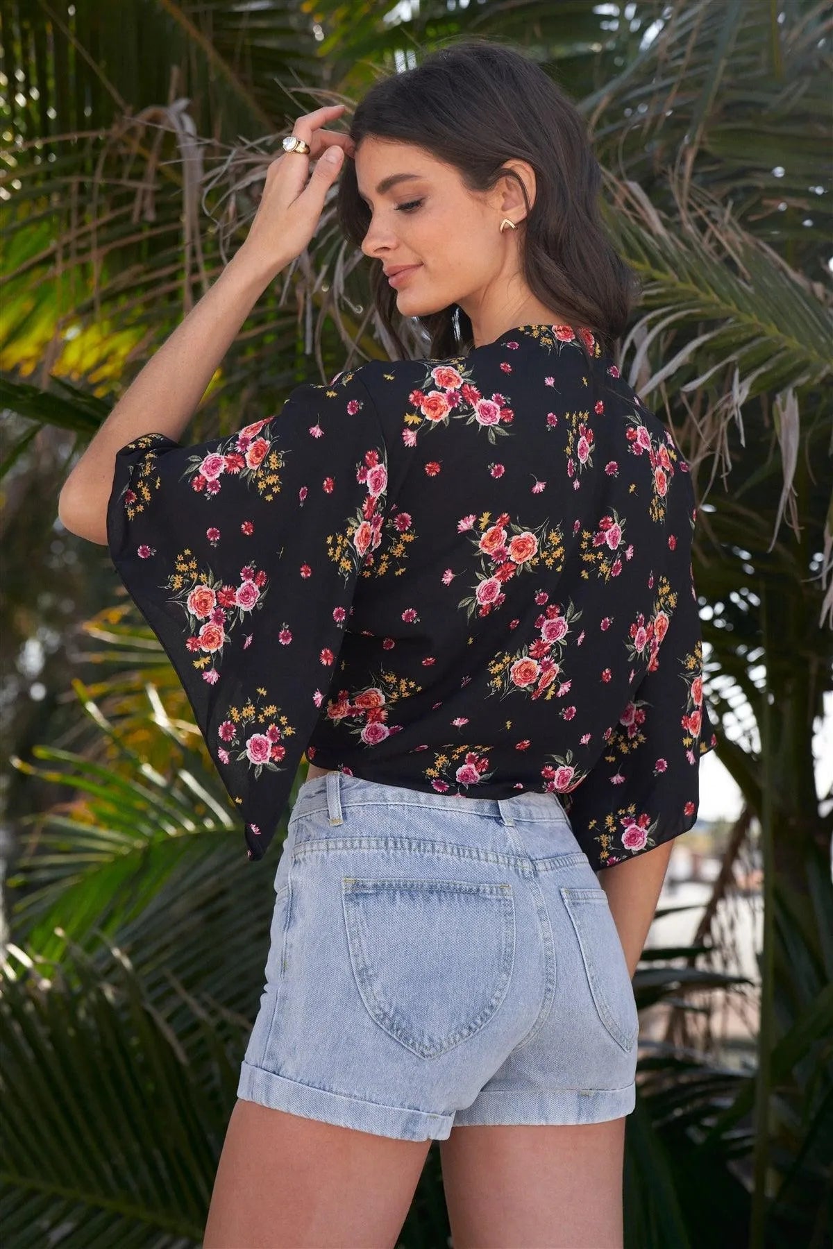 Black Floral Print Plunge Neck Self-Tie Front Wide Sleeve With Slit Cropped Top /2-2-2