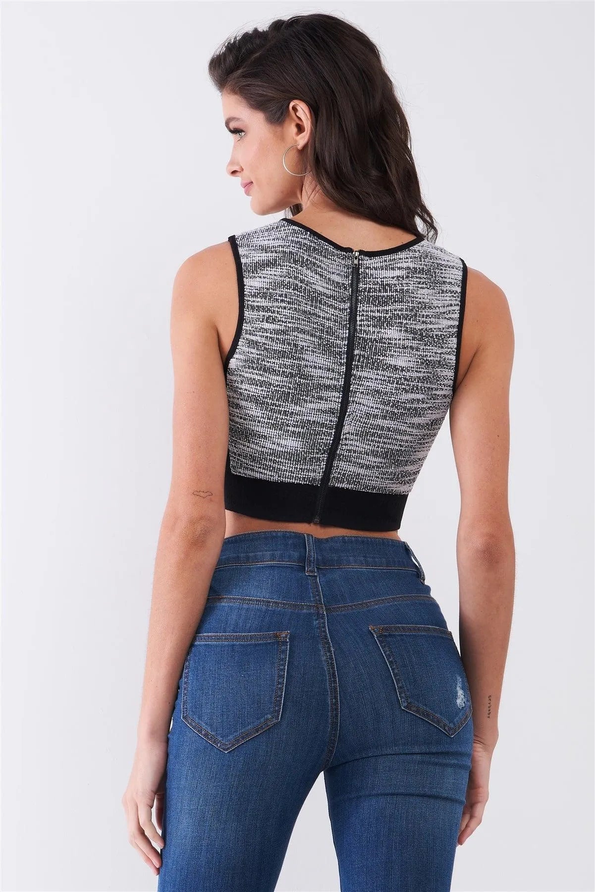 Black & White Sleeveless Knit Trim Round Neck Back Zip-Up Detail Crop Top /1-2-2-1