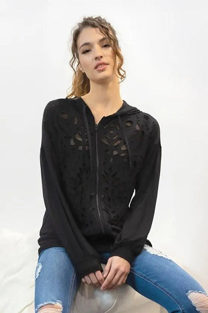 Black Cut-Out Front Print Fishnet Lining Zip-Up Hooded Sweater