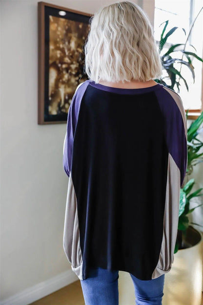 Black & Purple Colorblock Dolman Sleeve Oversized Top