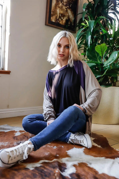 Black & Purple Colorblock Dolman Sleeve Oversized Top