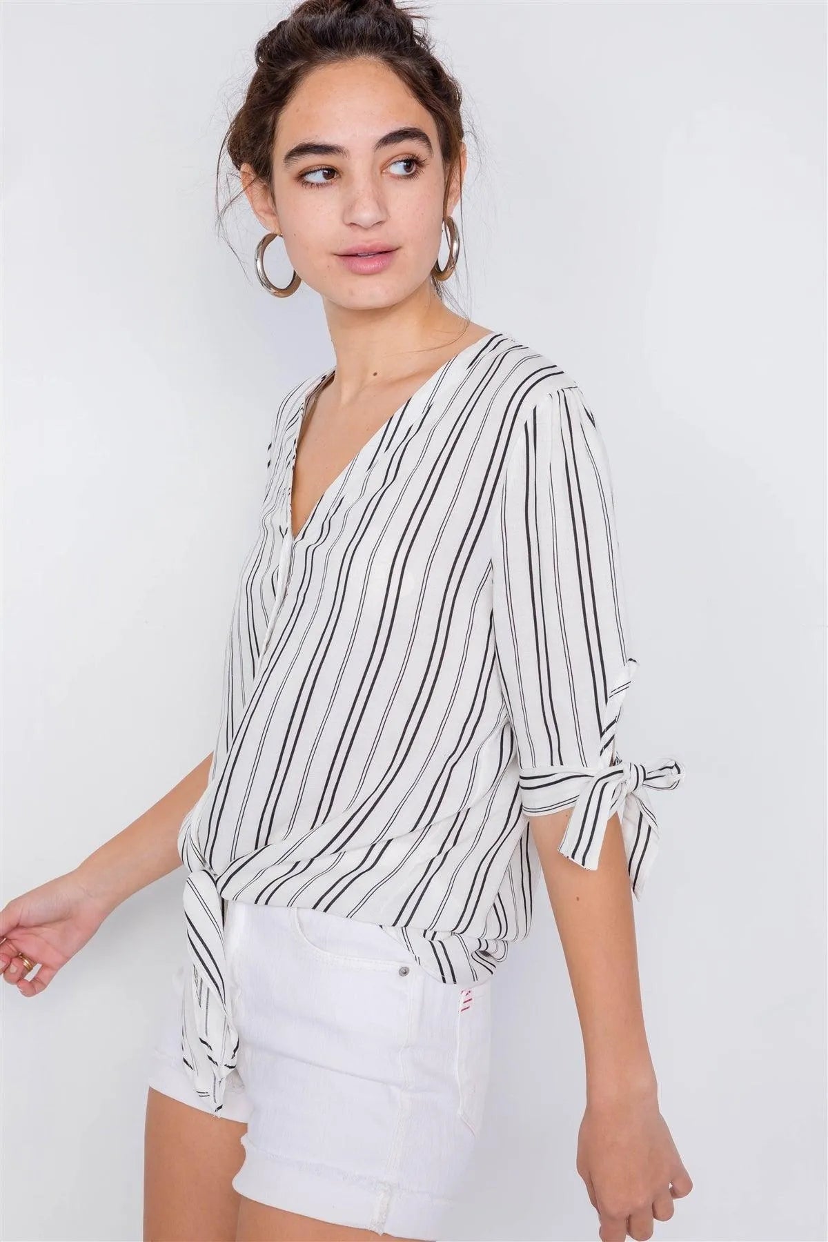 Black & White Stripe 3/4 Sleeve Tie Cuff Office Chic Blouse  /3-2-1