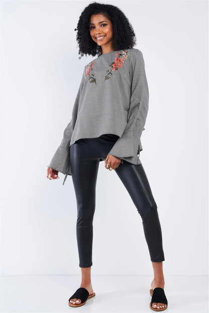 Black & White Mini Houndstooth Print Floral Embroidered Long Flutter Hem Sleeve Blouse Top /1-2-2-1