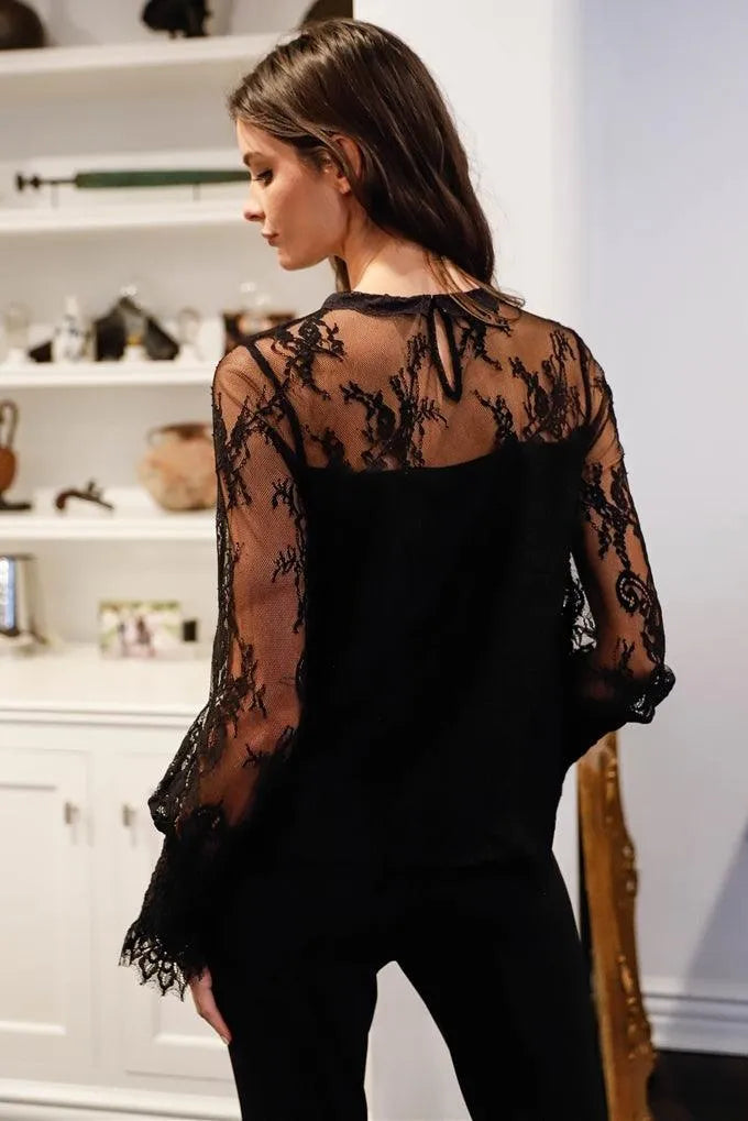 Black Floral Lace Mock Neck Lined Long Sleeve Top /1-1-3-1
