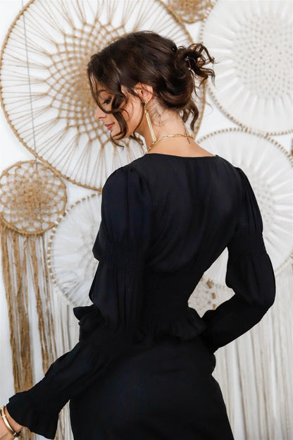 Black Bow Detail V-Neck Long Juliette Smocked Ruffle Trim Sleeves & Hem Top /2-2-2-1
