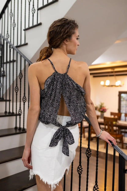 Black & White Print Side Ruffle Detail Sleeveless Cut-Out Self-Tie Back Top /1-2-1-1