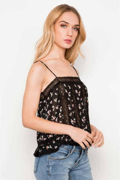 Black Floral Print Lace Trim Cami Sheer Top / 3-2-1