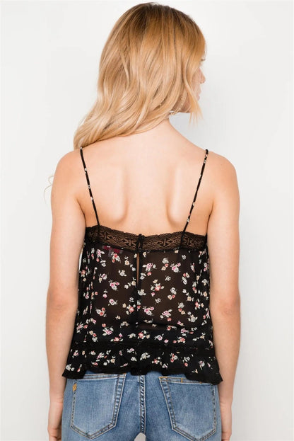 Black Floral Print Lace Trim Cami Sheer Top / 3-2-1