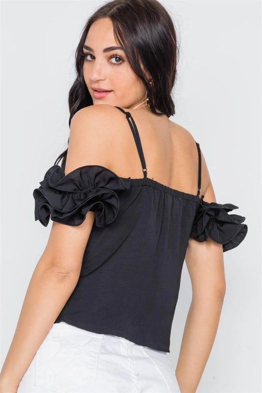 Black Cami Cold Shoulder Ruffle Sleeves Top /2-2-2