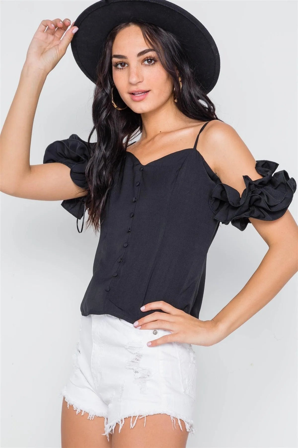 Black Cami Cold Shoulder Ruffle Sleeves Top /2-2-2
