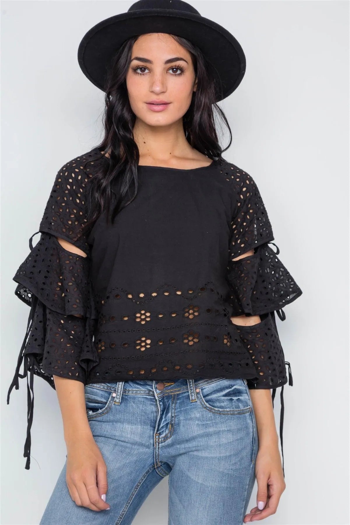 Black Floral Embroidery Cut Out Flounce Sleeve Top /2-2-2