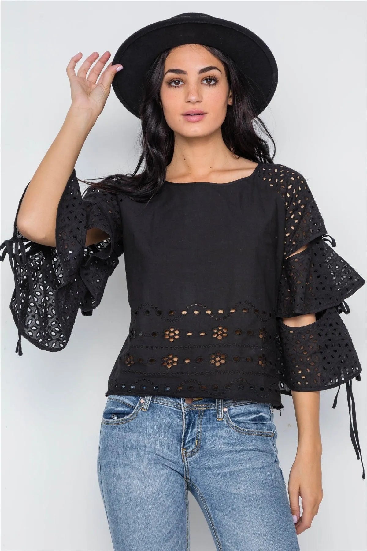 Black Floral Embroidery Cut Out Flounce Sleeve Top /2-2-2
