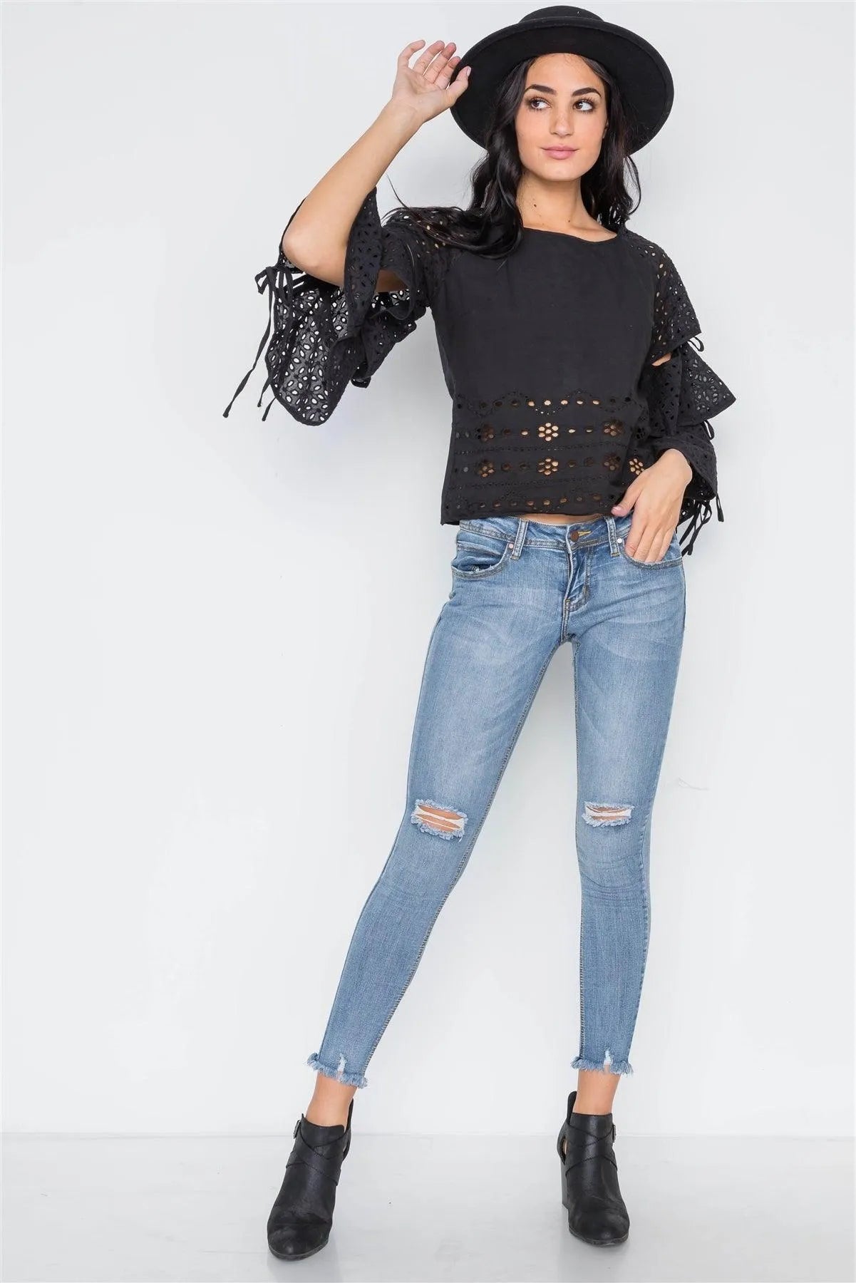 Black Floral Embroidery Cut Out Flounce Sleeve Top /2-2-2