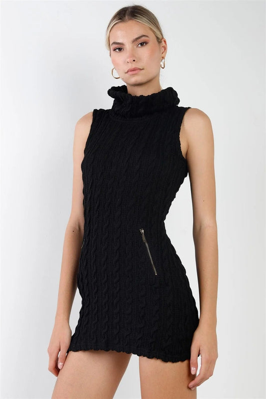Black Cowl Neck Zip-Accent Sleeveless Boho Sweater Mini Dress /2-2-2
