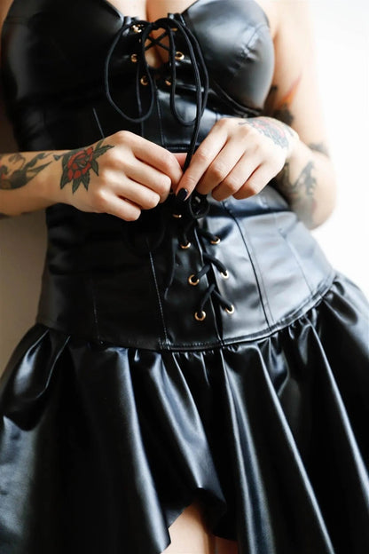 Black Faux Leather Lace Up Bustier Top & Corset Ruffle Mini Skirt Set /2-2-2