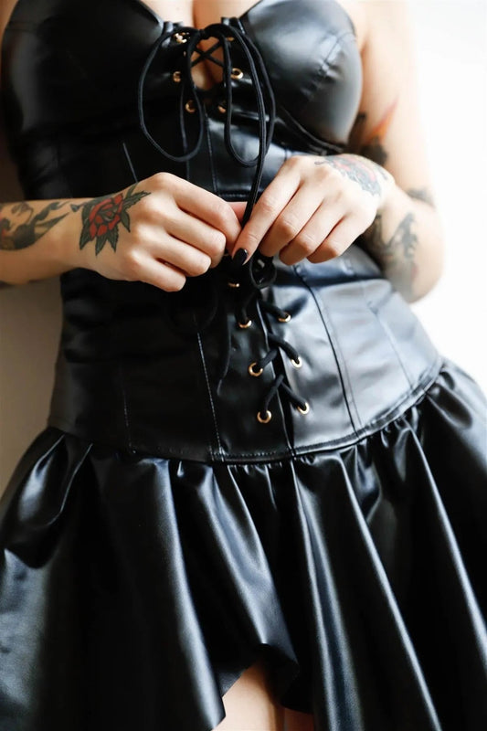 Black Faux Leather Lace Up Bustier Top & Corset Ruffle Mini Skirt Set /2-2-2