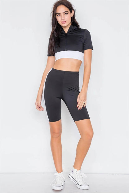 Black & White Contrast Trim Crop Pull Over & Mini Biker Short Set /2-2-1