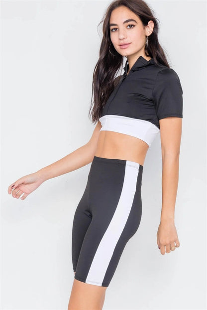 Black & White Contrast Trim Crop Pull Over & Mini Biker Short Set /2-2-1