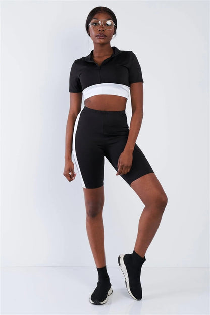 Black & White Contrast Trim Crop Pull Over & Mini Biker Short Set /3-2-1