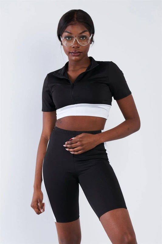 Black & White Contrast Trim Crop Pull Over & Mini Biker Short Set /3-2-1