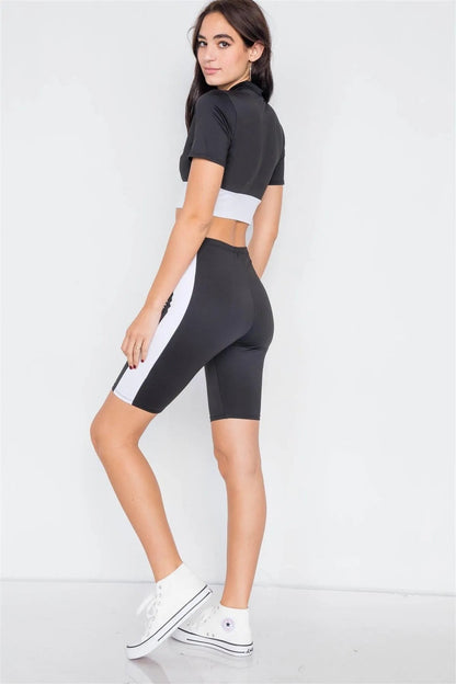 Black & White Contrast Trim Crop Pull Over & Mini Biker Short Set /3-2-1