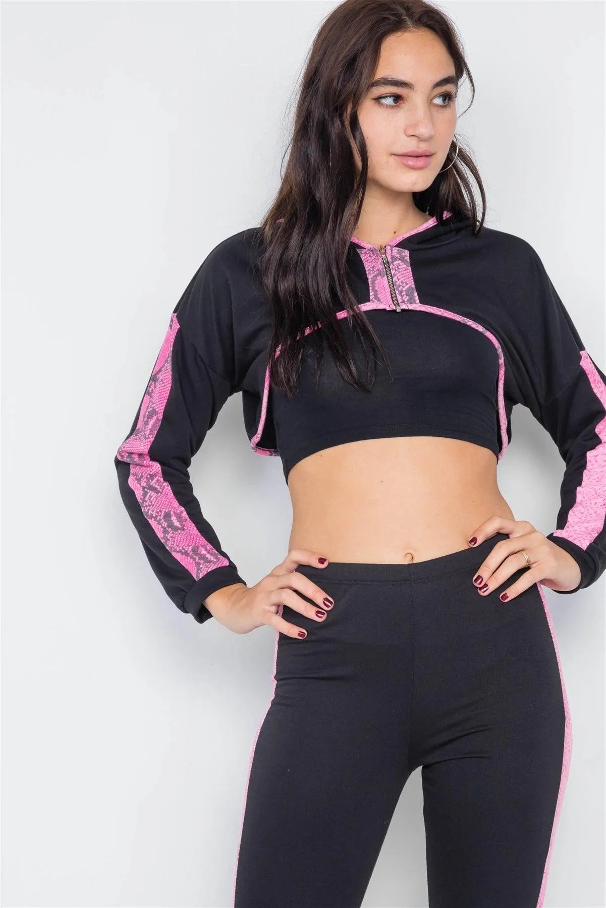 Black & Pink Snake Print Trim High Crop & Ankle Legging Set