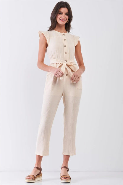 Beige Sleeveless Stylized Button-Down Front Detail Self-Tie Waist Capri Cotton Jumpsuit /3-2-1
