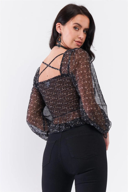 Black Floral Sheer Mesh Balloon Sleeve Criss-Cross Back Detail Smock Crop Top /3-2-1