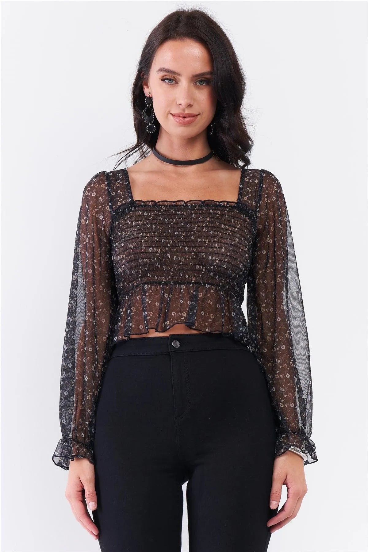 Black Floral Sheer Mesh Balloon Sleeve Criss-Cross Back Detail Smock Crop Top /3-2-1