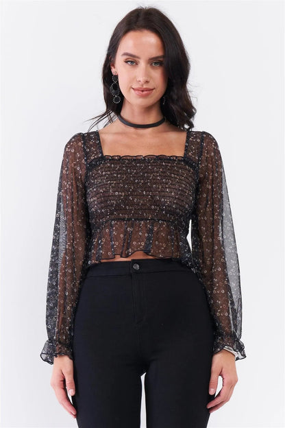 Black Floral Sheer Mesh Balloon Sleeve Criss-Cross Back Detail Smock Crop Top /3-2-1