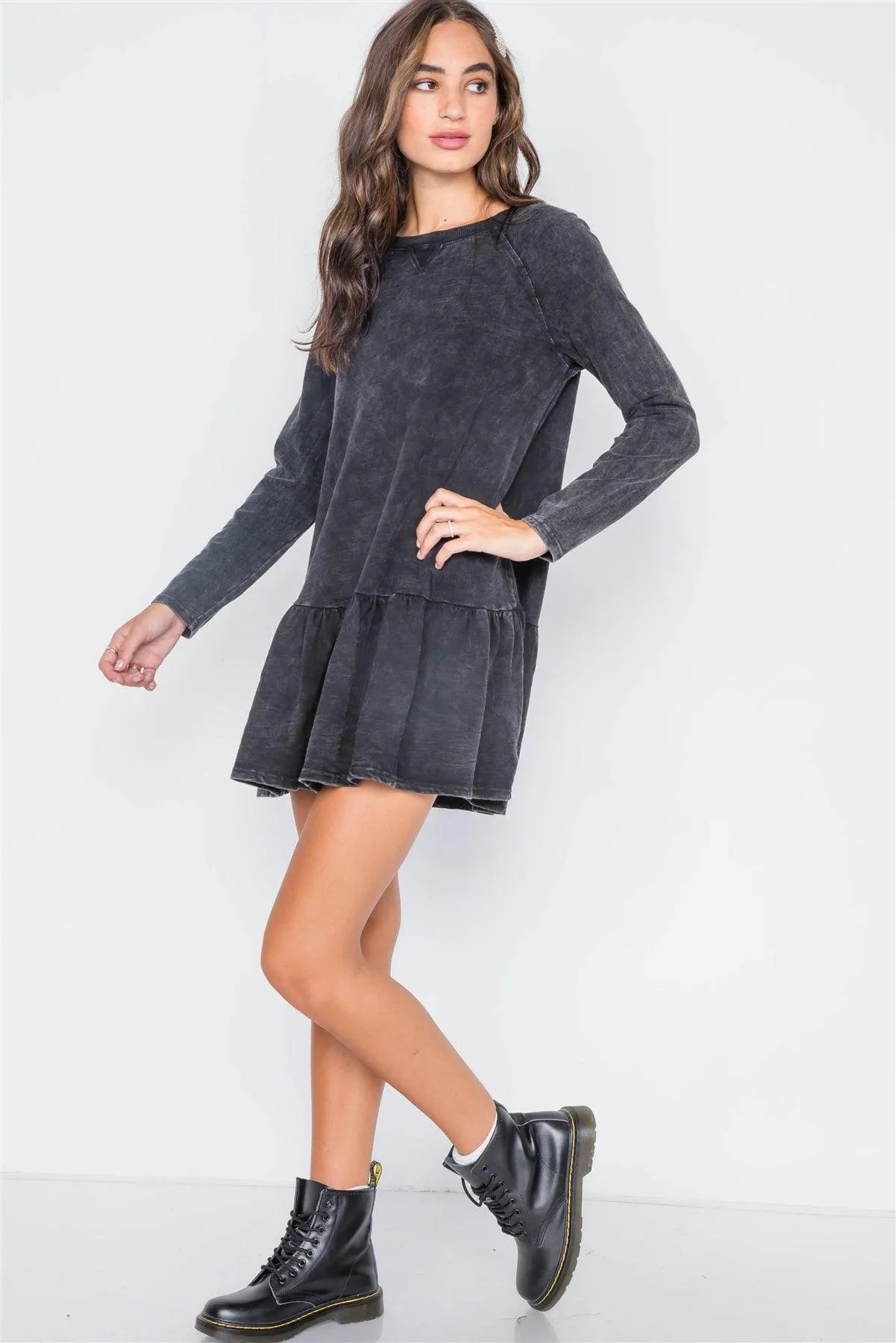 Black Casual Shirred Hem Long Sleeve Dress / 2-2-2