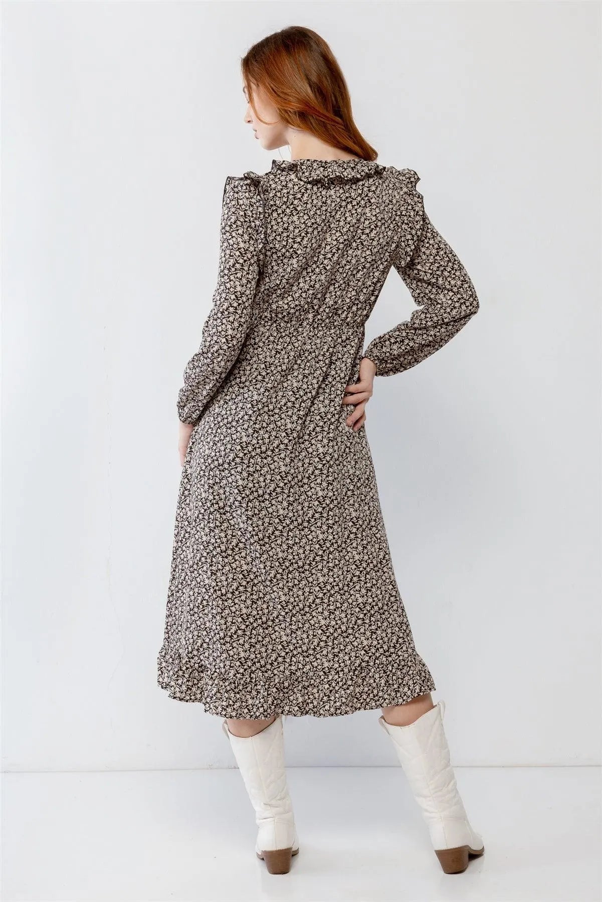 Black Flower Print Ruffle Crew Neck Cut-Out Detail Flare Hem Midi Dress /2-2-2