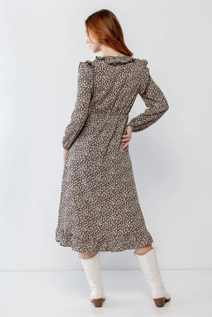 Black Flower Print Ruffle Crew Neck Cut-Out Detail Flare Hem Midi Dress /2-2-2