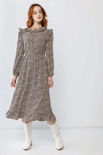 Black Flower Print Ruffle Crew Neck Cut-Out Detail Flare Hem Midi Dress /2-2-2