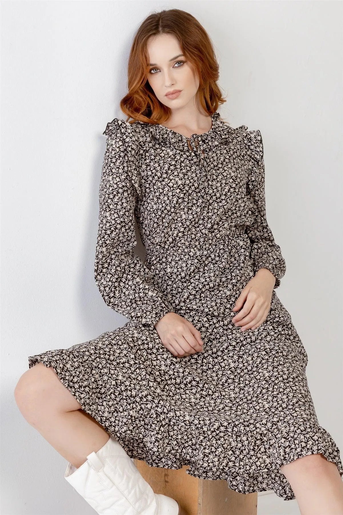 Black Flower Print Ruffle Crew Neck Cut-Out Detail Flare Hem Midi Dress /2-2-2