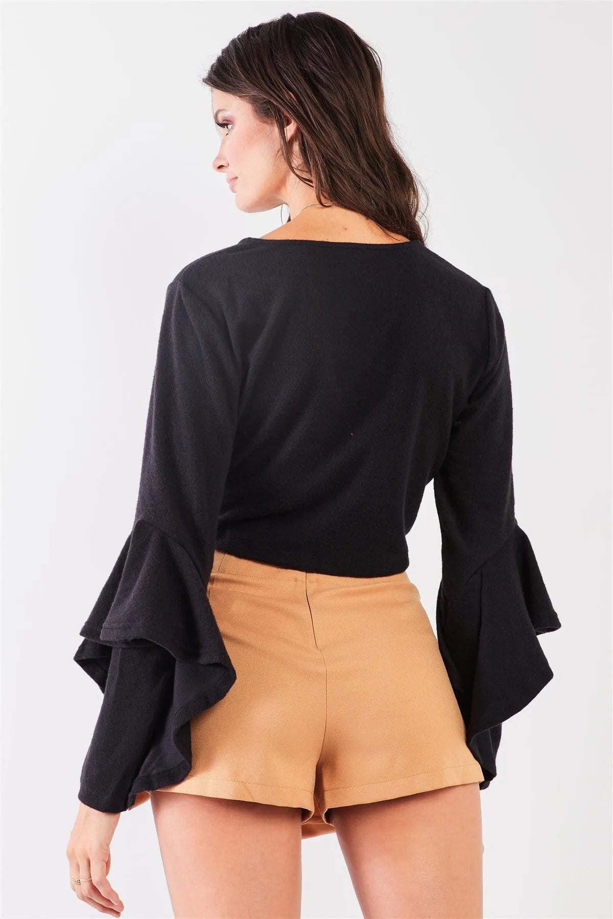 Black Fuzzy Long Ruffle Sleeve V-Neck Self-Tie Front Detail Cropped Top /2-2-2