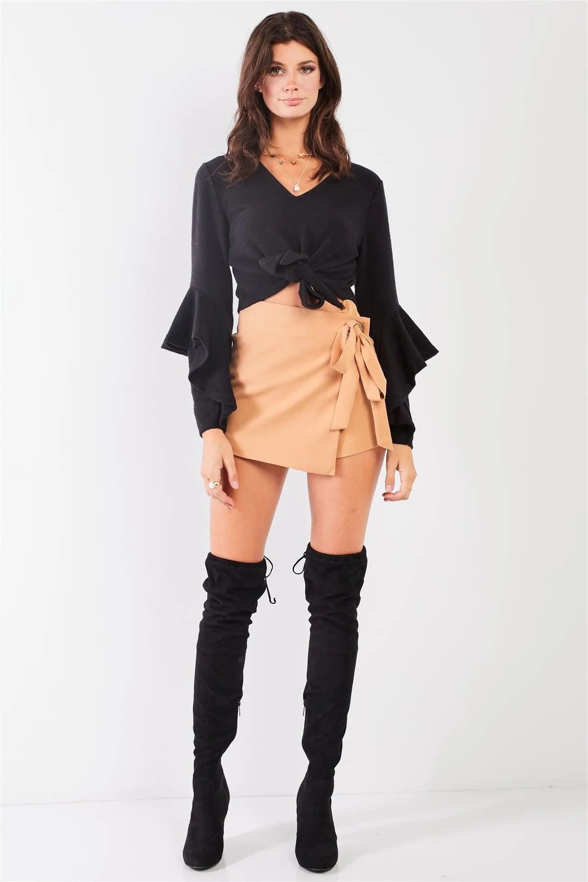 Black Fuzzy Long Ruffle Sleeve V-Neck Self-Tie Front Detail Cropped Top /2-2-2