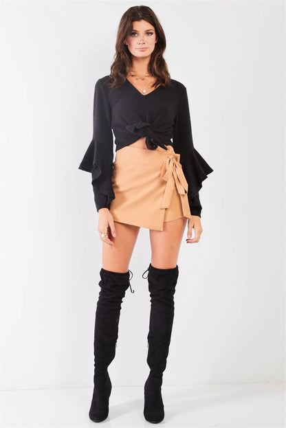 Black Fuzzy Long Ruffle Sleeve V-Neck Self-Tie Front Detail Cropped Top /2-2-2