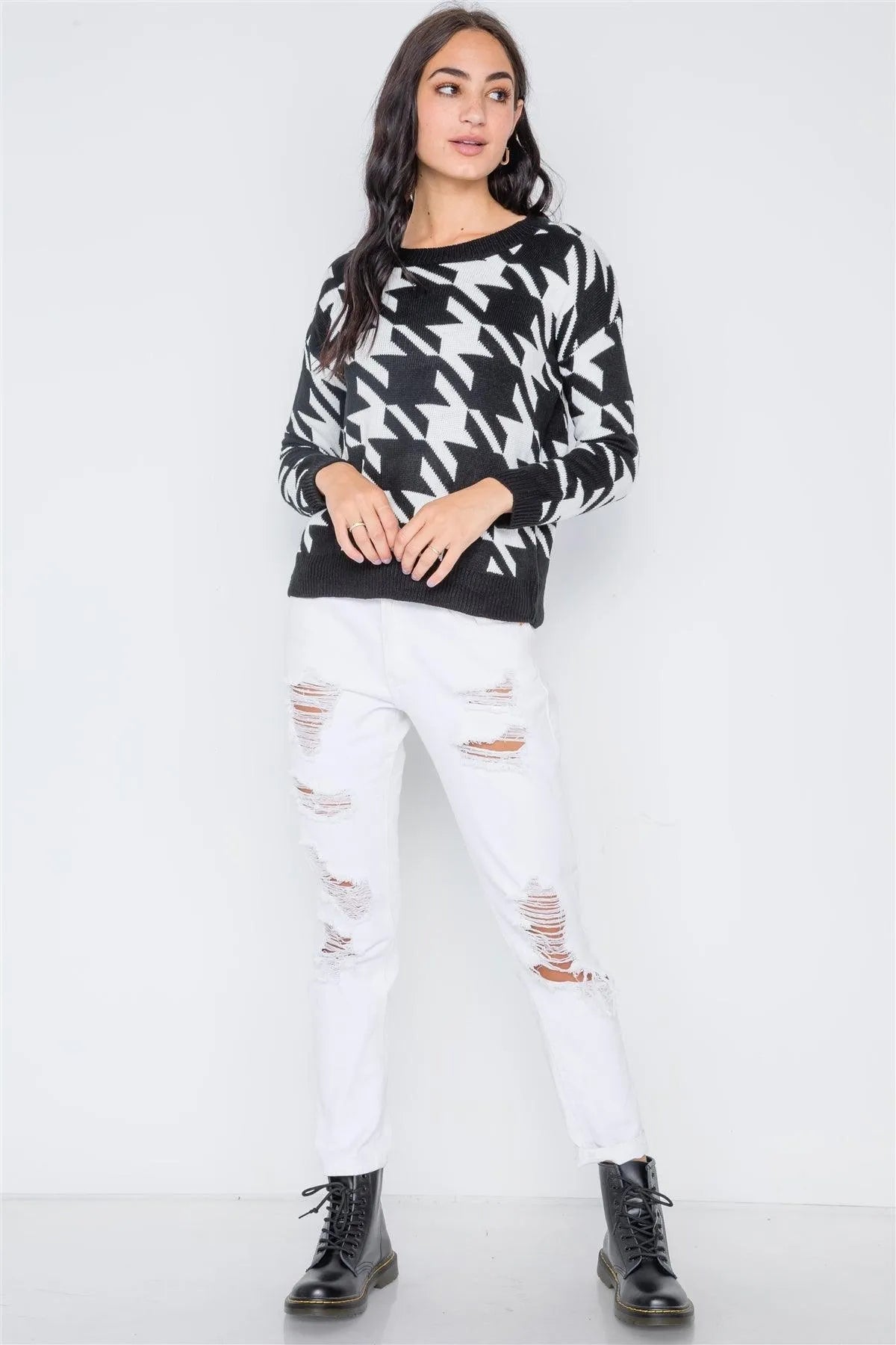 Black Geo Print Color Block Knit Sweater /3-2
