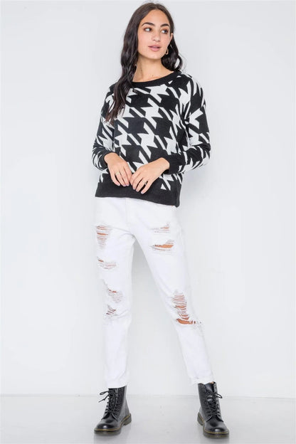 Black Geo Print Color Block Knit Sweater /3-2