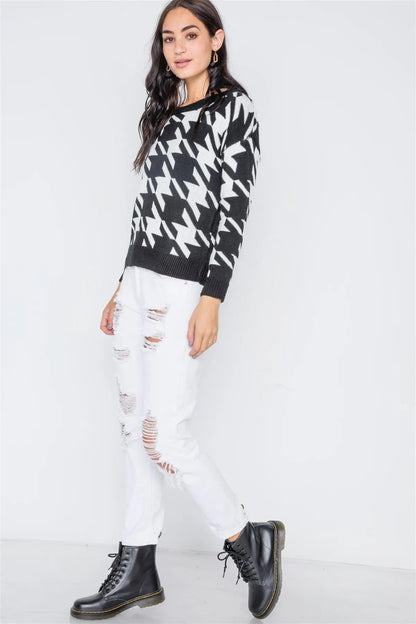 Black Geo Print Color Block Knit Sweater /3-2