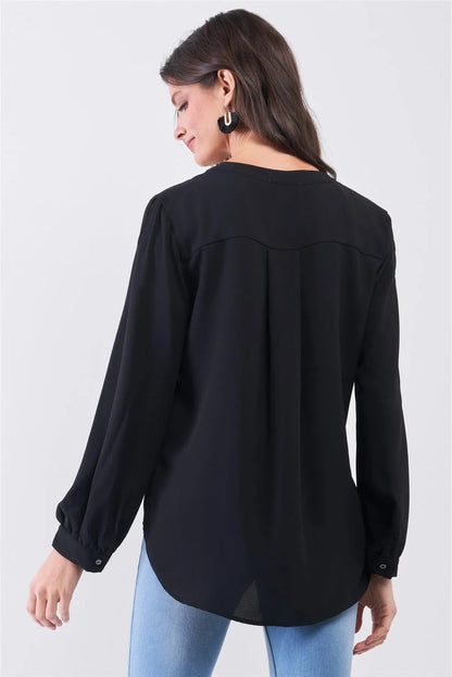 Black Asymmetrical Long Sleeve Button-Up Front Relaxed Shirt /1-3-2