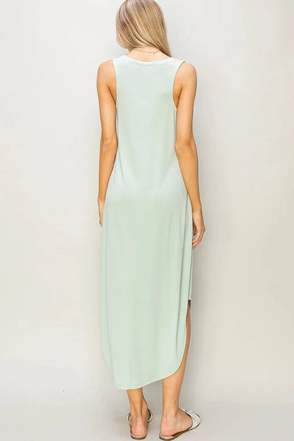 Basic Soft Hi-Low Sleeveless V-Neck Relax Fit Curve Hem Midi Dress