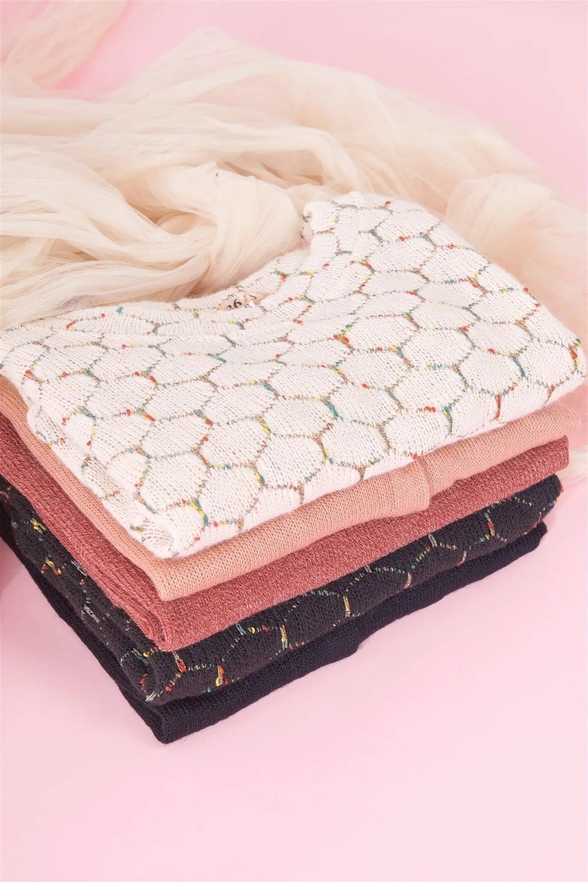 Black Hexagon Pattern Cropped Pullover Long Sleeve Knit Top /2-2-2