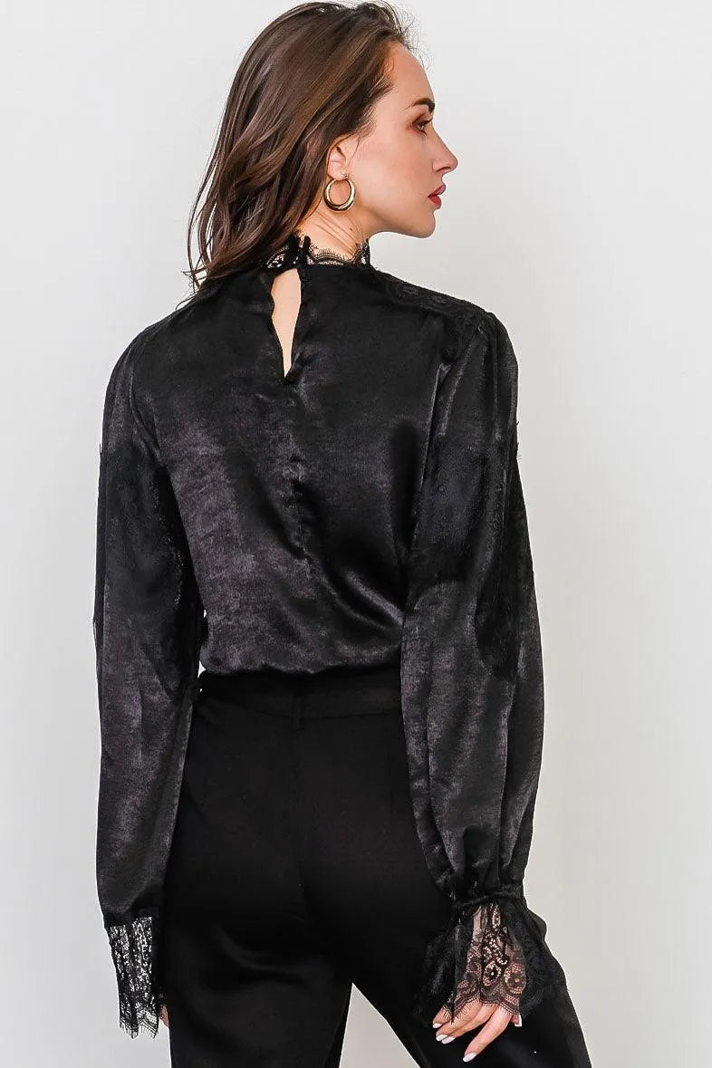 Black Floral Lace Inset High Neck Top /3-2-1