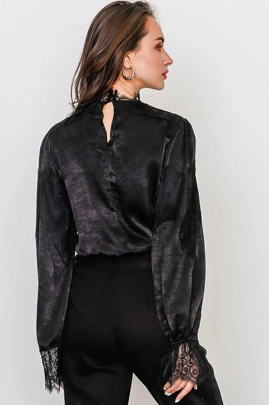 Black Floral Lace Inset High Neck Top /3-2-1