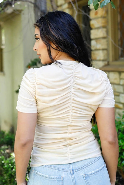Beige Mesh Ruched Cut-Out Detail Short Sleeve Top /2-2-2