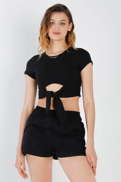 Black Cut-Out Detail Self-Tie Hem Short Sleeve Crop Top & High Waist Short Set /2-2-2